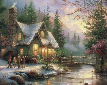 Landscapes Painting - Style of Thomas Kinkade Oil Painting Landscape Original Art Winter Country in Snow